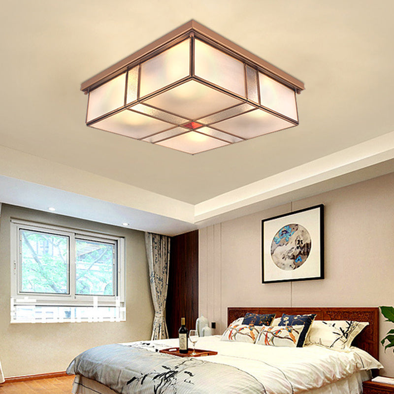 Square Milky Glass Ceiling Mounted Fixture Colonial 3/4 Bulbs Living Room Flush Mount Ceiling Lamp in Brass Brass Clearhalo 'Ceiling Lights' 'Close To Ceiling Lights' 'Close to ceiling' 'Flush mount' Lighting' 272008