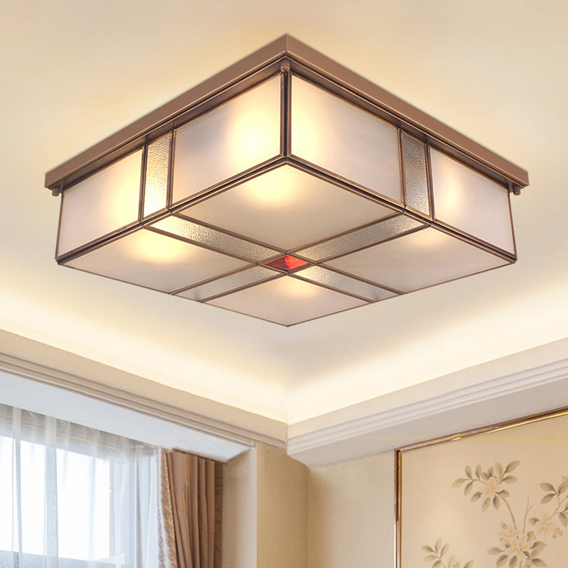 Square Milky Glass Ceiling Mounted Fixture Colonial 3/4 Bulbs Living Room Flush Mount Ceiling Lamp in Brass Clearhalo 'Ceiling Lights' 'Close To Ceiling Lights' 'Close to ceiling' 'Flush mount' Lighting' 272009