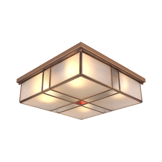 Square Milky Glass Ceiling Mounted Fixture Colonial 3/4 Bulbs Living Room Flush Mount Ceiling Lamp in Brass Clearhalo 'Ceiling Lights' 'Close To Ceiling Lights' 'Close to ceiling' 'Flush mount' Lighting' 272011