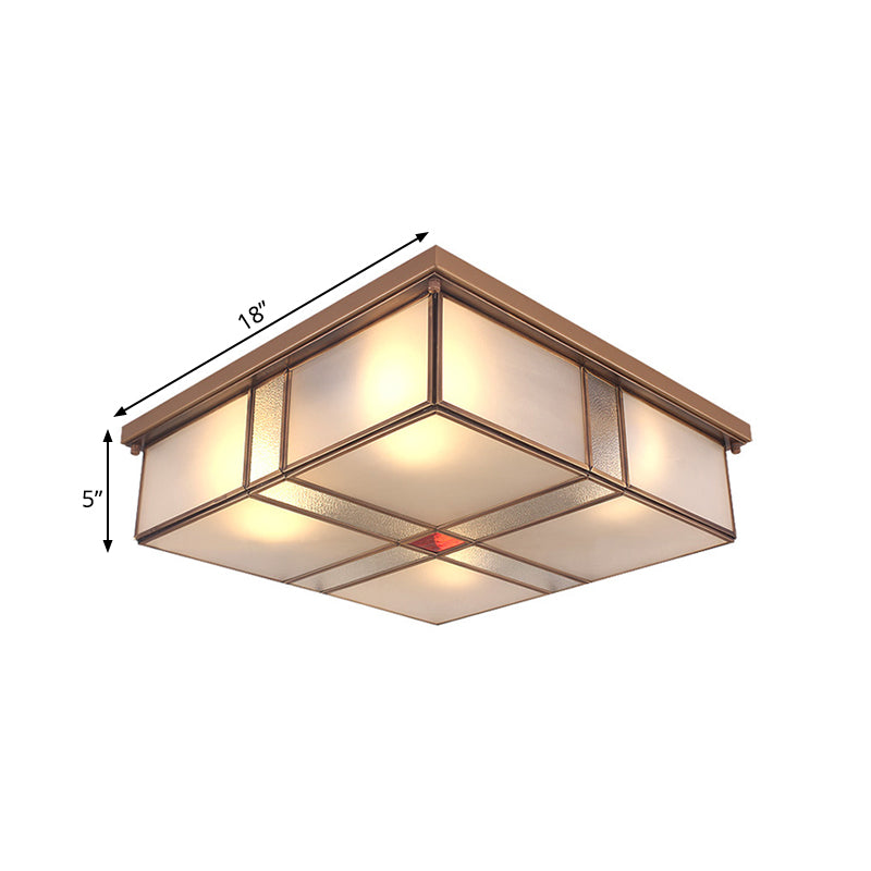 Square Milky Glass Ceiling Mounted Fixture Colonial 3/4 Bulbs Living Room Flush Mount Ceiling Lamp in Brass Clearhalo 'Ceiling Lights' 'Close To Ceiling Lights' 'Close to ceiling' 'Flush mount' Lighting' 272013
