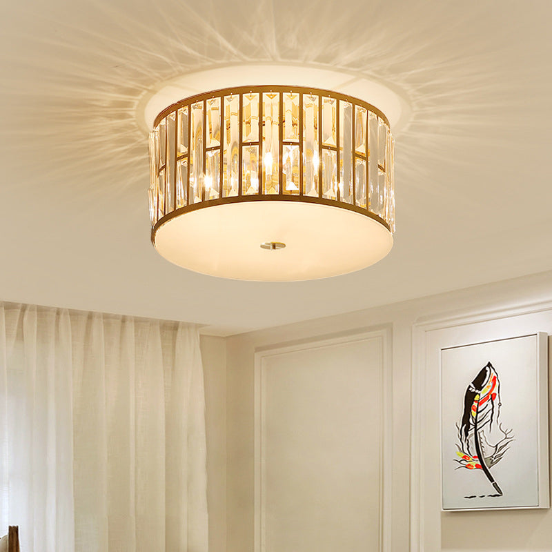 7.5"/16"/22" Wide Drum Flush Mount Modernist Cut Crystal Gold 5 Bulbs Ceiling Mount Light Fixture with Opal Glass Diffuser Gold Clearhalo 'Ceiling Lights' 'Close To Ceiling Lights' 'Close to ceiling' 'Flush mount' Lighting' 272014