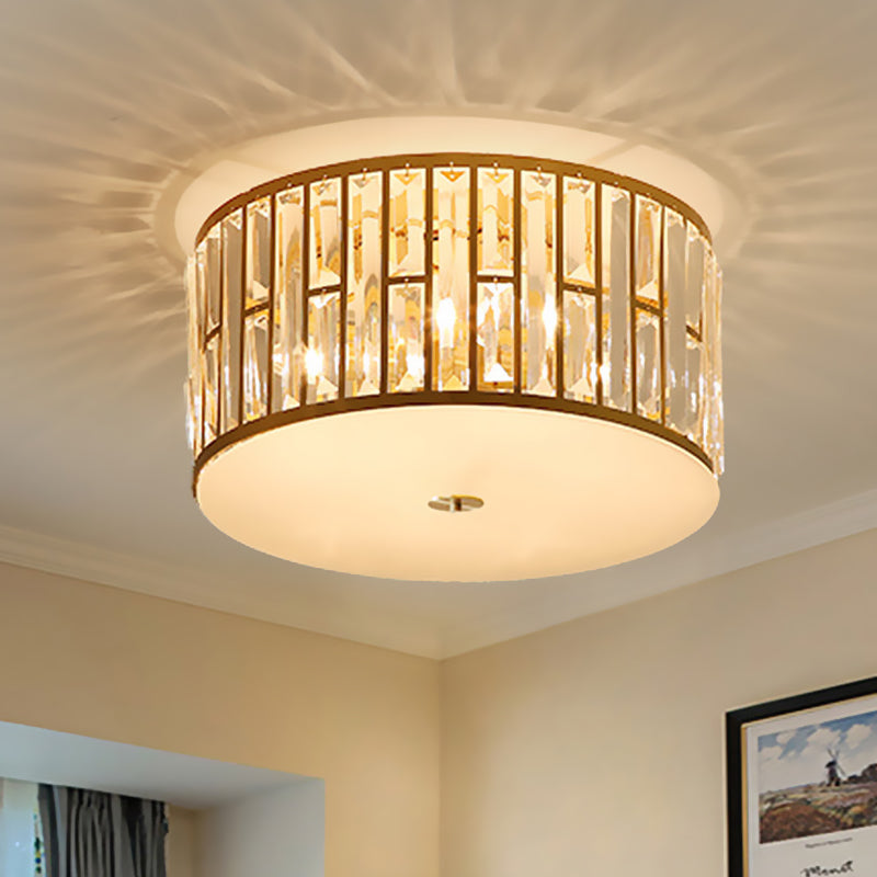 7.5"/16"/22" Wide Drum Flush Mount Modernist Cut Crystal Gold 5 Bulbs Ceiling Mount Light Fixture with Opal Glass Diffuser Clearhalo 'Ceiling Lights' 'Close To Ceiling Lights' 'Close to ceiling' 'Flush mount' Lighting' 272015