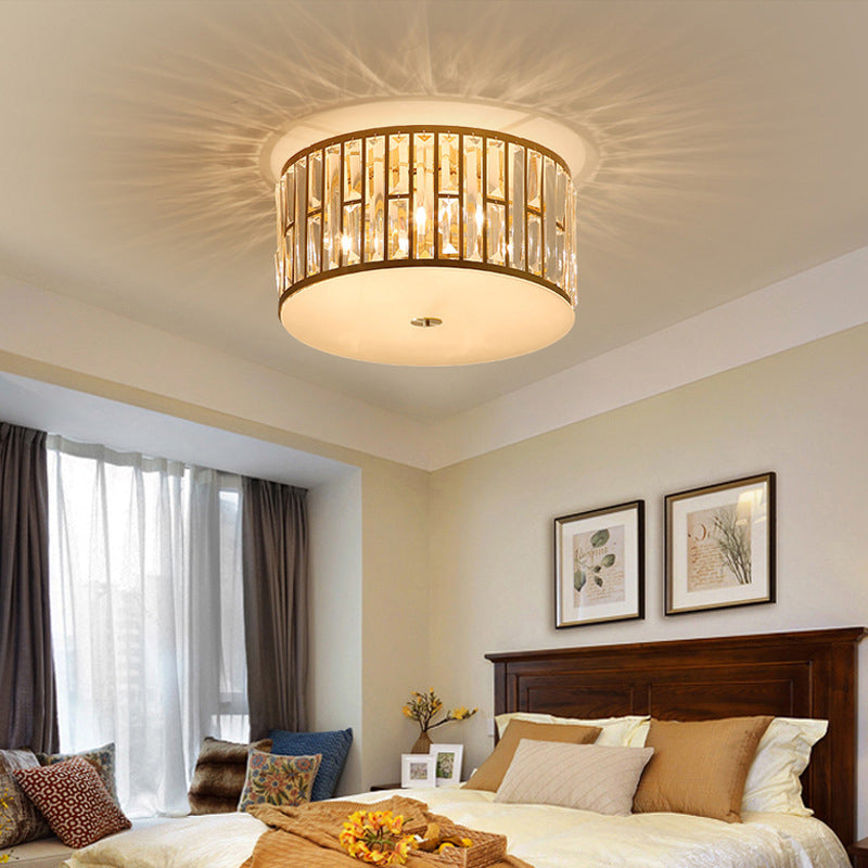 7.5"/16"/22" Wide Drum Flush Mount Modernist Cut Crystal Gold 5 Bulbs Ceiling Mount Light Fixture with Opal Glass Diffuser Clearhalo 'Ceiling Lights' 'Close To Ceiling Lights' 'Close to ceiling' 'Flush mount' Lighting' 272016