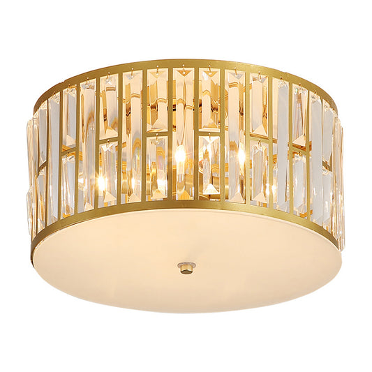 7.5"/16"/22" Wide Drum Flush Mount Modernist Cut Crystal Gold 5 Bulbs Ceiling Mount Light Fixture with Opal Glass Diffuser Clearhalo 'Ceiling Lights' 'Close To Ceiling Lights' 'Close to ceiling' 'Flush mount' Lighting' 272018