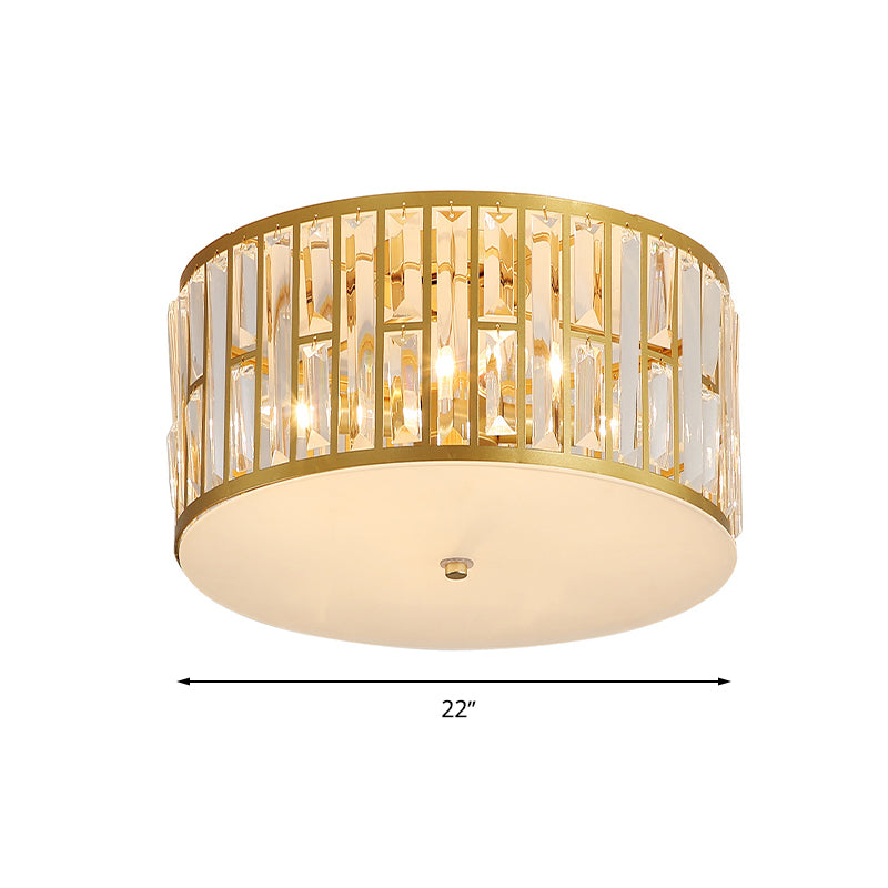 7.5"/16"/22" Wide Drum Flush Mount Modernist Cut Crystal Gold 5 Bulbs Ceiling Mount Light Fixture with Opal Glass Diffuser Clearhalo 'Ceiling Lights' 'Close To Ceiling Lights' 'Close to ceiling' 'Flush mount' Lighting' 272019