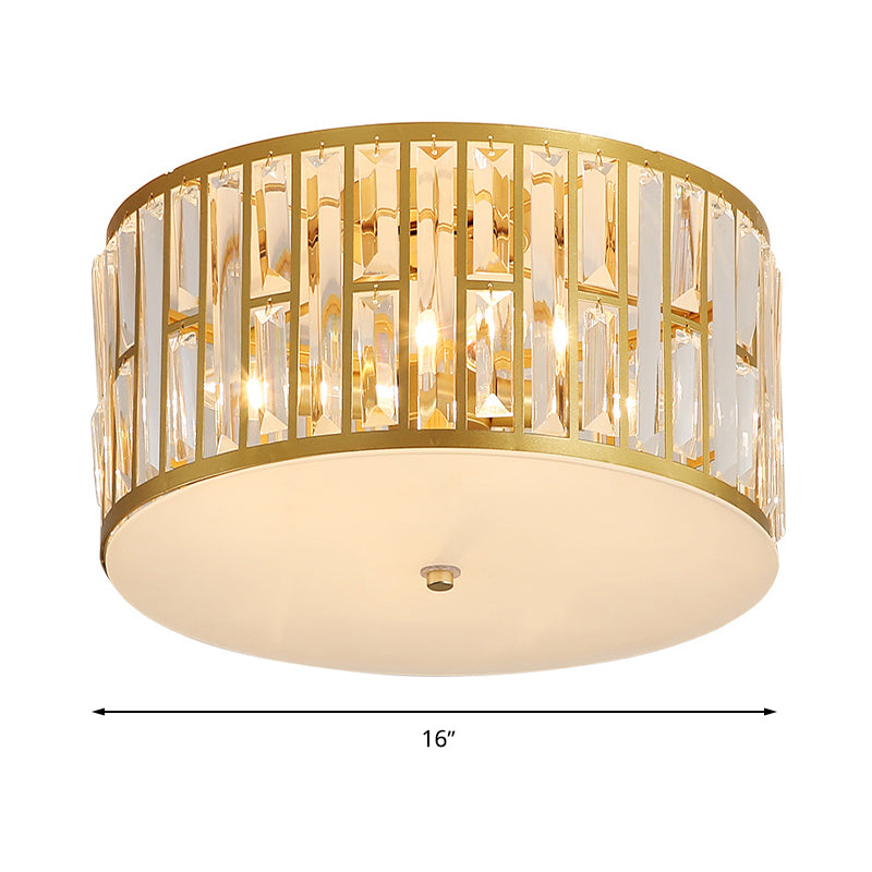 7.5"/16"/22" Wide Drum Flush Mount Modernist Cut Crystal Gold 5 Bulbs Ceiling Mount Light Fixture with Opal Glass Diffuser Clearhalo 'Ceiling Lights' 'Close To Ceiling Lights' 'Close to ceiling' 'Flush mount' Lighting' 272020