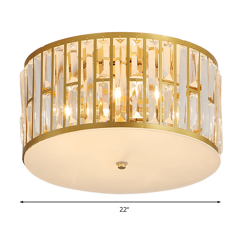 7.5"/16"/22" Wide Drum Flush Mount Modernist Cut Crystal Gold 5 Bulbs Ceiling Mount Light Fixture with Opal Glass Diffuser Clearhalo 'Ceiling Lights' 'Close To Ceiling Lights' 'Close to ceiling' 'Flush mount' Lighting' 272021