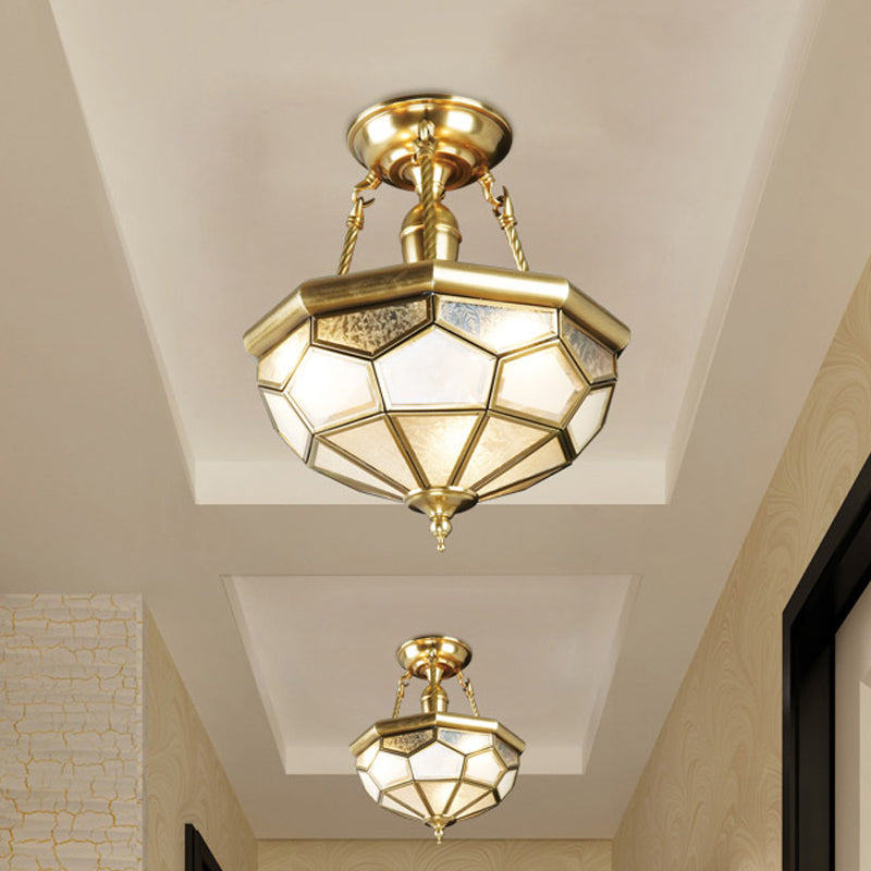 Brass 3/4 Heads Semi Flush Mount Colonialism Sandblasted Glass Dome Ceiling Fixture for Dining Room, 13"/16" W Clearhalo 'Ceiling Lights' 'Close To Ceiling Lights' 'Close to ceiling' 'Glass shade' 'Glass' 'Semi-flushmount' Lighting' 272023