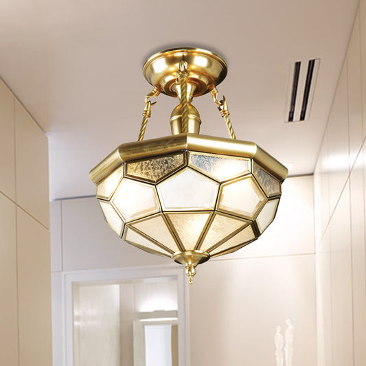 Brass 3/4 Heads Semi Flush Mount Colonialism Sandblasted Glass Dome Ceiling Fixture for Dining Room, 13"/16" W Brass 13" Clearhalo 'Ceiling Lights' 'Close To Ceiling Lights' 'Close to ceiling' 'Glass shade' 'Glass' 'Semi-flushmount' Lighting' 272024