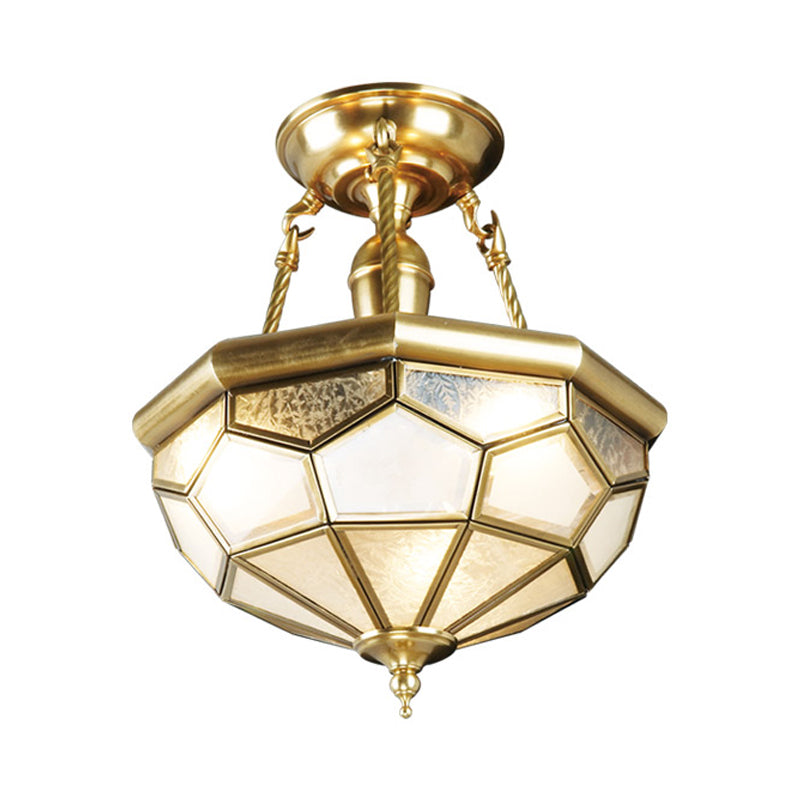 Brass 3/4 Heads Semi Flush Mount Colonialism Sandblasted Glass Dome Ceiling Fixture for Dining Room, 13"/16" W Clearhalo 'Ceiling Lights' 'Close To Ceiling Lights' 'Close to ceiling' 'Glass shade' 'Glass' 'Semi-flushmount' Lighting' 272026