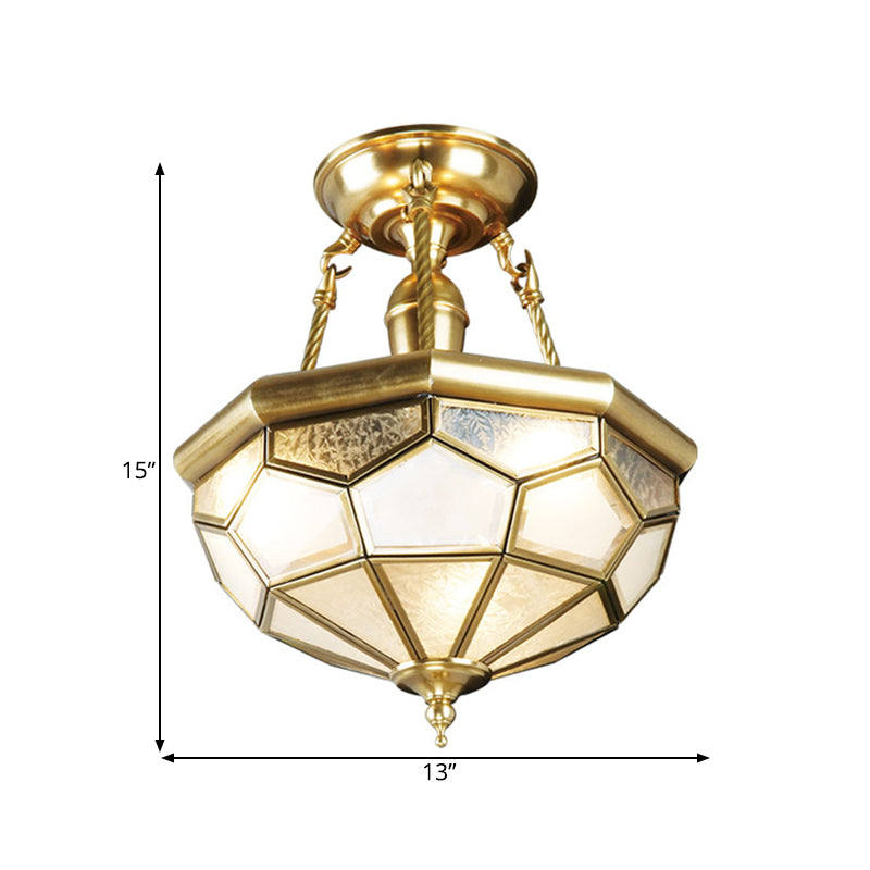 Brass 3/4 Heads Semi Flush Mount Colonialism Sandblasted Glass Dome Ceiling Fixture for Dining Room, 13"/16" W Clearhalo 'Ceiling Lights' 'Close To Ceiling Lights' 'Close to ceiling' 'Glass shade' 'Glass' 'Semi-flushmount' Lighting' 272027
