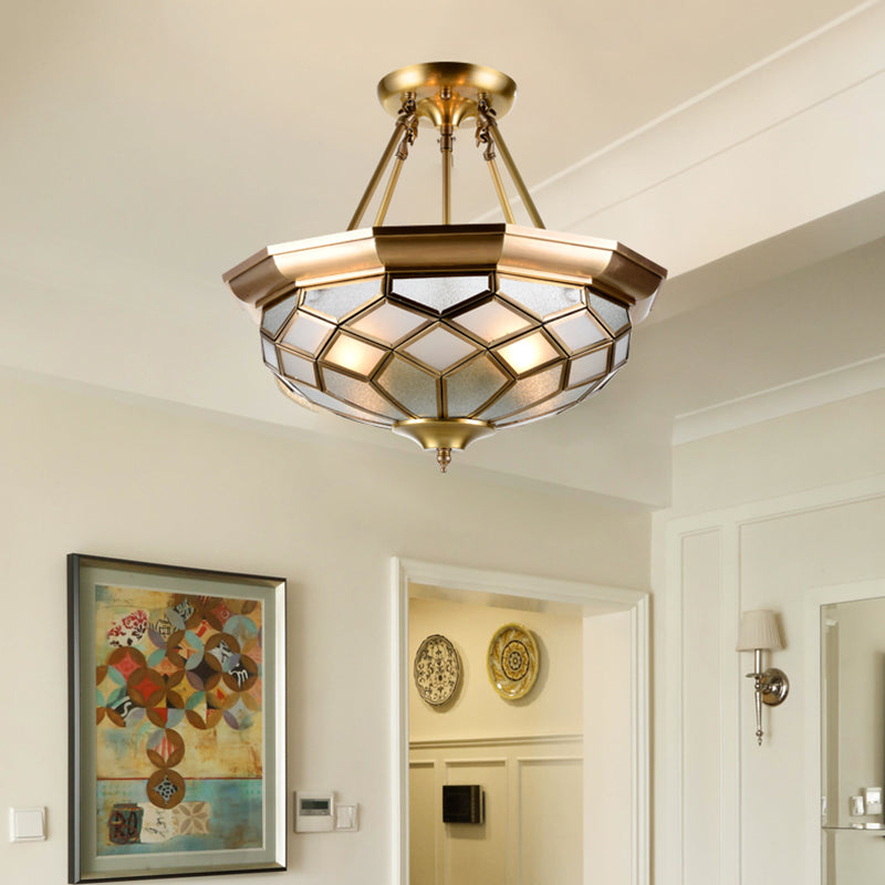 Brass 3/4 Heads Semi Flush Mount Colonialism Sandblasted Glass Dome Ceiling Fixture for Dining Room, 13"/16" W Clearhalo 'Ceiling Lights' 'Close To Ceiling Lights' 'Close to ceiling' 'Glass shade' 'Glass' 'Semi-flushmount' Lighting' 272030