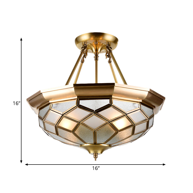 Brass 3/4 Heads Semi Flush Mount Colonialism Sandblasted Glass Dome Ceiling Fixture for Dining Room, 13"/16" W Clearhalo 'Ceiling Lights' 'Close To Ceiling Lights' 'Close to ceiling' 'Glass shade' 'Glass' 'Semi-flushmount' Lighting' 272033