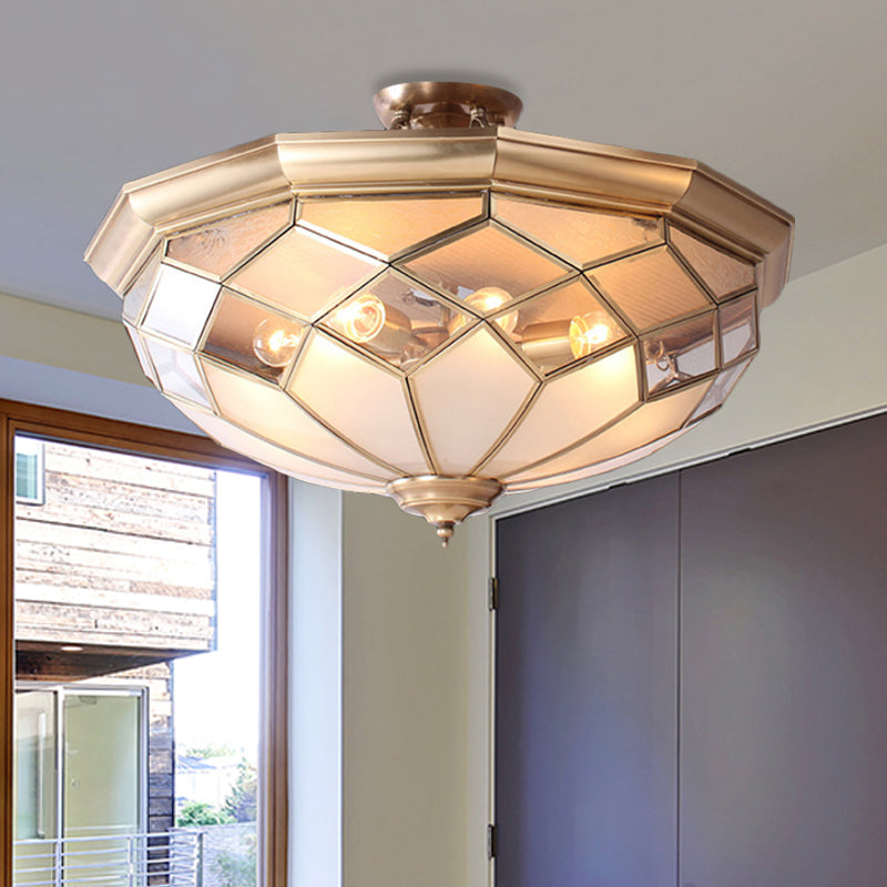 Clear Glass Brass Ceiling Flush Bowl 8 Heads Colonialist Semi Flush Mount Chandelier for Living Room Clearhalo 'Ceiling Lights' 'Close To Ceiling Lights' 'Close to ceiling' 'Glass shade' 'Glass' 'Semi-flushmount' Lighting' 272048