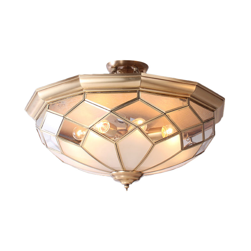 Clear Glass Brass Ceiling Flush Bowl 8 Heads Colonialist Semi Flush Mount Chandelier for Living Room Clearhalo 'Ceiling Lights' 'Close To Ceiling Lights' 'Close to ceiling' 'Glass shade' 'Glass' 'Semi-flushmount' Lighting' 272050