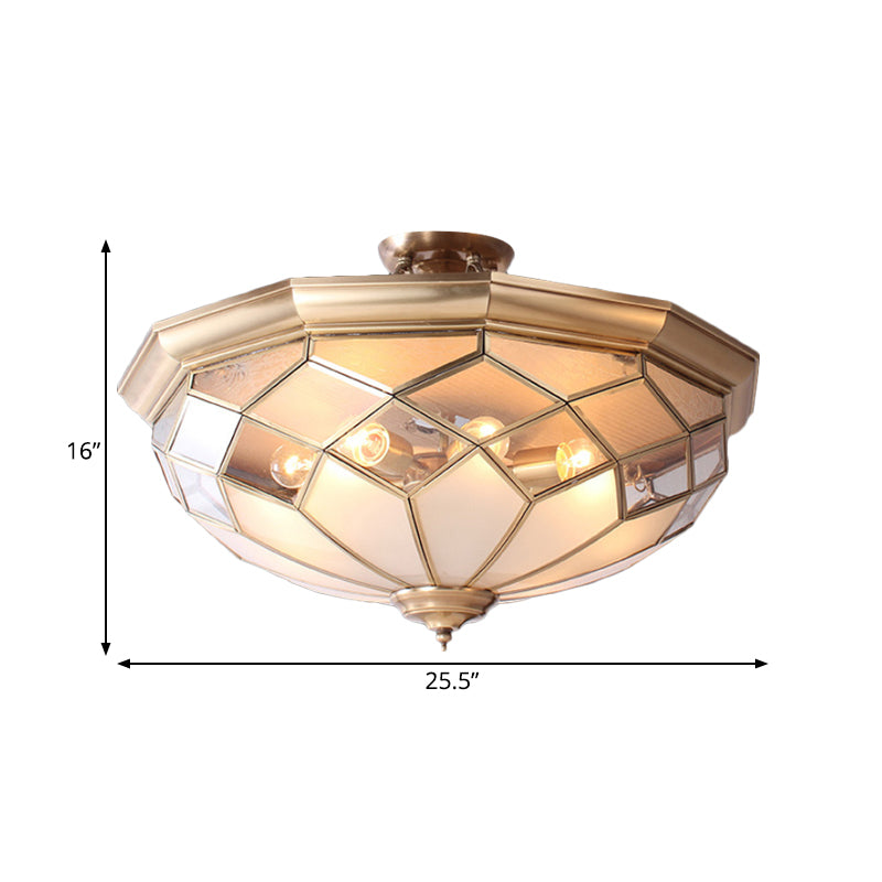 Clear Glass Brass Ceiling Flush Bowl 8 Heads Colonialist Semi Flush Mount Chandelier for Living Room Clearhalo 'Ceiling Lights' 'Close To Ceiling Lights' 'Close to ceiling' 'Glass shade' 'Glass' 'Semi-flushmount' Lighting' 272051