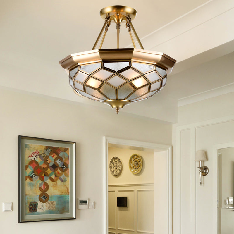 Colonial Dome Ceiling Light Fixture 4 Bulbs Seeded Glass Semi Mount Lighting in Brass for Dining Room Brass Clearhalo 'Ceiling Lights' 'Close To Ceiling Lights' 'Close to ceiling' 'Glass shade' 'Glass' 'Semi-flushmount' Lighting' 272058