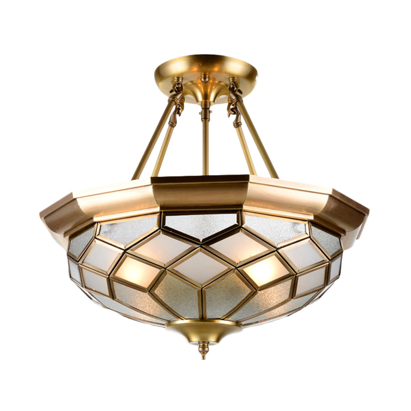 Colonial Dome Ceiling Light Fixture 4 Bulbs Seeded Glass Semi Mount Lighting in Brass for Dining Room Clearhalo 'Ceiling Lights' 'Close To Ceiling Lights' 'Close to ceiling' 'Glass shade' 'Glass' 'Semi-flushmount' Lighting' 272061