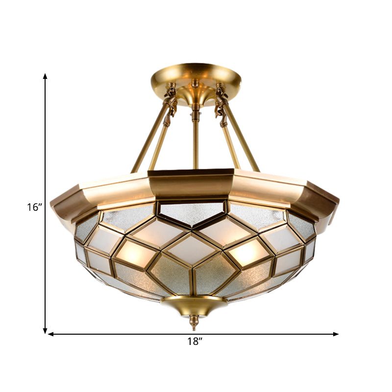 Colonial Dome Ceiling Light Fixture 4 Bulbs Seeded Glass Semi Mount Lighting in Brass for Dining Room Clearhalo 'Ceiling Lights' 'Close To Ceiling Lights' 'Close to ceiling' 'Glass shade' 'Glass' 'Semi-flushmount' Lighting' 272062