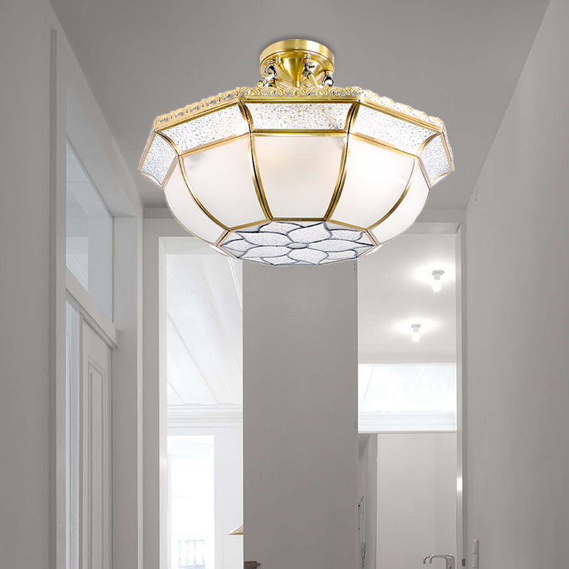 Brass 4 Lights Ceiling Lamp Colonialism Opal Blown Glass Dome Semi Flush Ceiling Light for Living Room Brass Clearhalo 'Ceiling Lights' 'Close To Ceiling Lights' 'Close to ceiling' 'Glass shade' 'Glass' 'Semi-flushmount' Lighting' 272071