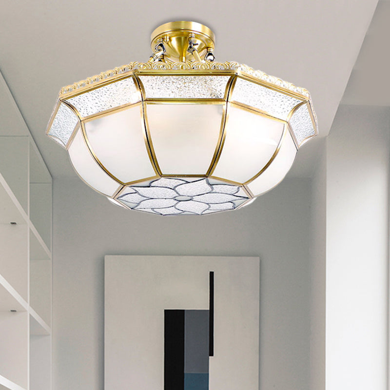 Brass 4 Lights Ceiling Lamp Colonialism Opal Blown Glass Dome Semi Flush Ceiling Light for Living Room Clearhalo 'Ceiling Lights' 'Close To Ceiling Lights' 'Close to ceiling' 'Glass shade' 'Glass' 'Semi-flushmount' Lighting' 272072