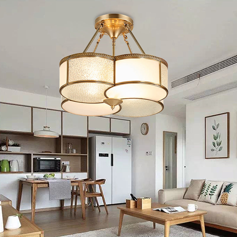 Opal Frosted Glass Brass Ceiling Flush Clover 4 Heads Colonialist Semi Flush Mount Chandelier for Dining Room Brass Clearhalo 'Ceiling Lights' 'Close To Ceiling Lights' 'Close to ceiling' 'Glass shade' 'Glass' 'Semi-flushmount' Lighting' 272083