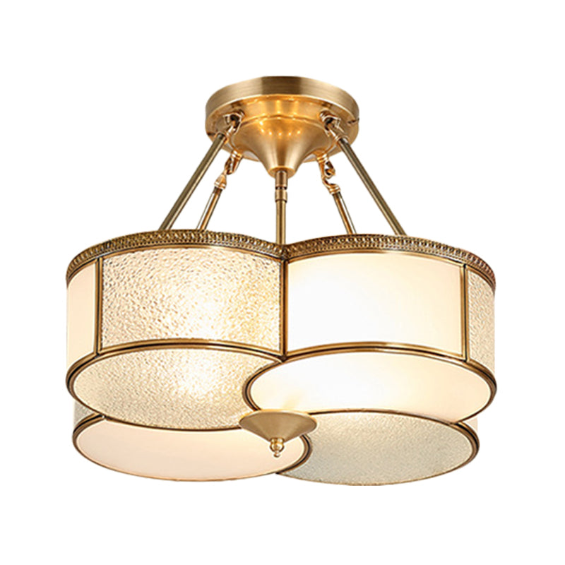 Opal Frosted Glass Brass Ceiling Flush Clover 4 Heads Colonialist Semi Flush Mount Chandelier for Dining Room Clearhalo 'Ceiling Lights' 'Close To Ceiling Lights' 'Close to ceiling' 'Glass shade' 'Glass' 'Semi-flushmount' Lighting' 272086