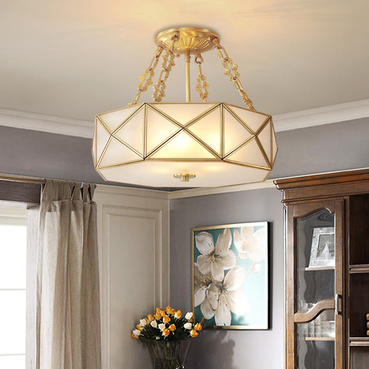 Colonial Drum Ceiling Mount Chandelier 4 Bulbs Frosted White Opal Glass Semi Flush Light Fixture in Brass for Bedroom Brass Clearhalo 'Ceiling Lights' 'Close To Ceiling Lights' 'Close to ceiling' 'Glass shade' 'Glass' 'Semi-flushmount' Lighting' 272098