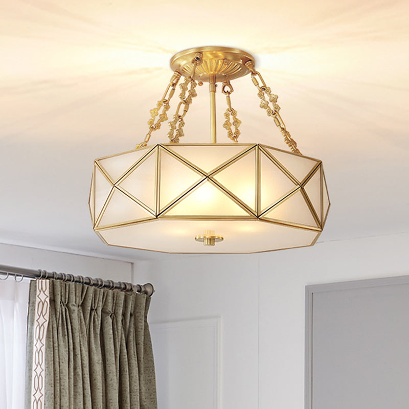 Colonial Drum Ceiling Mount Chandelier 4 Bulbs Frosted White Opal Glass Semi Flush Light Fixture in Brass for Bedroom Clearhalo 'Ceiling Lights' 'Close To Ceiling Lights' 'Close to ceiling' 'Glass shade' 'Glass' 'Semi-flushmount' Lighting' 272099