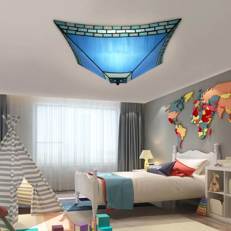 Stained Glass Ceiling Light in Blue, Flush Mount Light with Pyramid Shade for Living Room Tiffany Style Blue 21.5" Clearhalo 'Ceiling Lights' 'Close To Ceiling Lights' 'Close to ceiling' 'Flush mount' Lighting' 2721