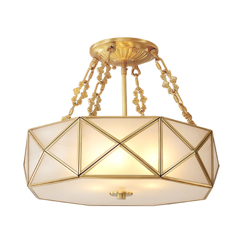 Colonial Drum Ceiling Mount Chandelier 4 Bulbs Frosted White Opal Glass Semi Flush Light Fixture in Brass for Bedroom Clearhalo 'Ceiling Lights' 'Close To Ceiling Lights' 'Close to ceiling' 'Glass shade' 'Glass' 'Semi-flushmount' Lighting' 272102