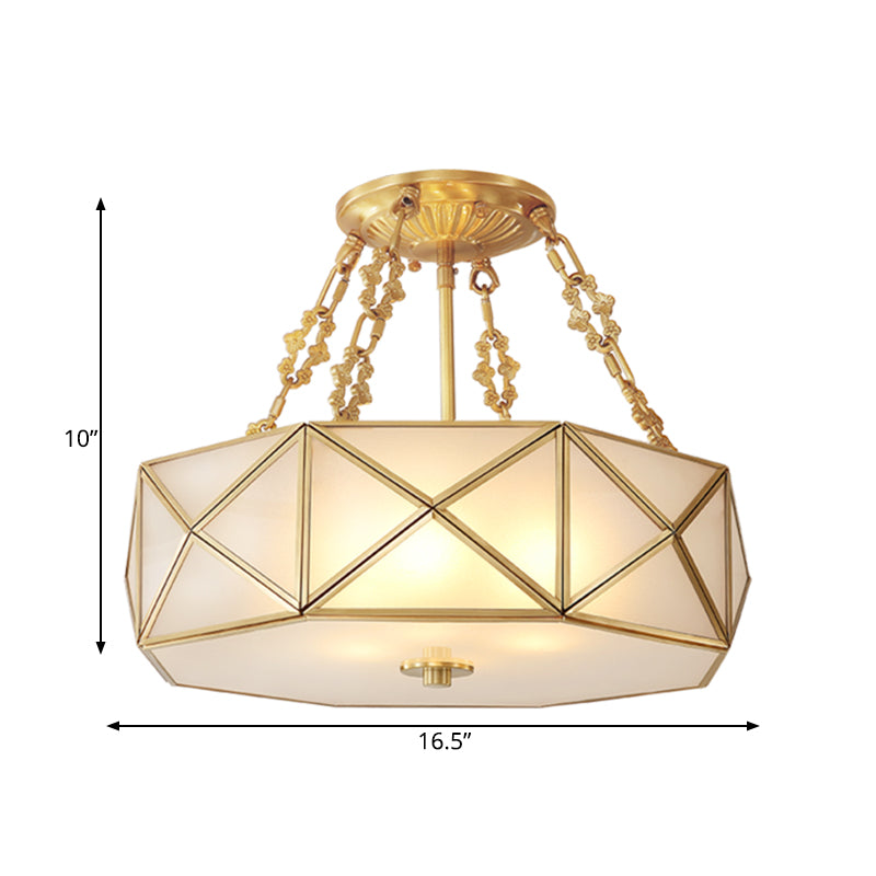 Colonial Drum Ceiling Mount Chandelier 4 Bulbs Frosted White Opal Glass Semi Flush Light Fixture in Brass for Bedroom Clearhalo 'Ceiling Lights' 'Close To Ceiling Lights' 'Close to ceiling' 'Glass shade' 'Glass' 'Semi-flushmount' Lighting' 272103