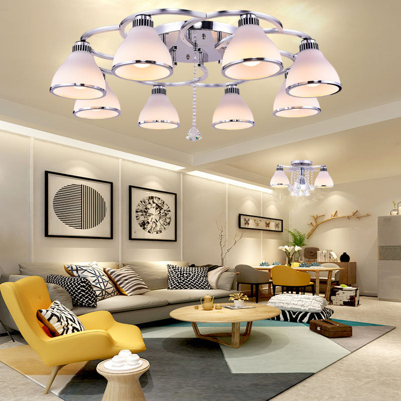 Contemporary Conical Opal Glass Semi Flush Light Crystal 8 Lights Living Room Semi Flush Mount in Chrome Chrome Clearhalo 'Ceiling Lights' 'Close To Ceiling Lights' 'Close to ceiling' 'Semi-flushmount' Lighting' 272133