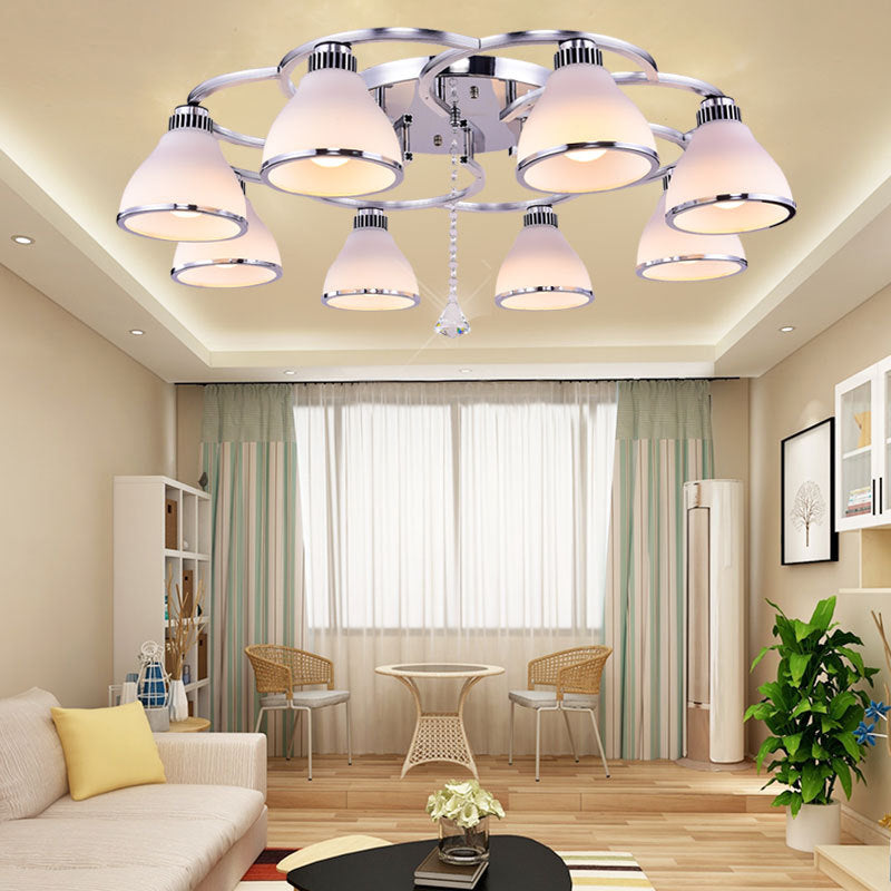 Contemporary Conical Opal Glass Semi Flush Light Crystal 8 Lights Living Room Semi Flush Mount in Chrome Clearhalo 'Ceiling Lights' 'Close To Ceiling Lights' 'Close to ceiling' 'Semi-flushmount' Lighting' 272135