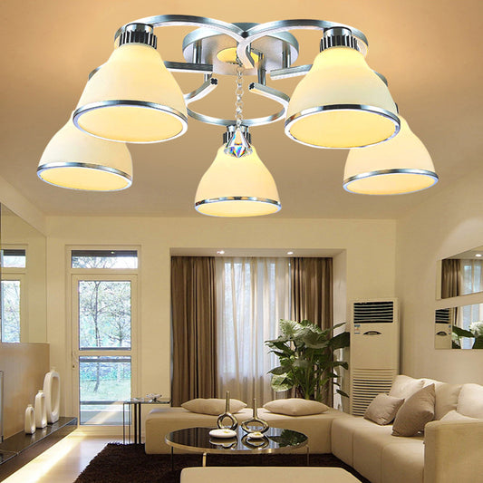 Cone Semi Flush Modern Crystal 5 Lights Living Room Semi Flush Ceiling Light in Chrome with Opal Glass Shade Chrome Clearhalo 'Ceiling Lights' 'Close To Ceiling Lights' 'Close to ceiling' 'Semi-flushmount' Lighting' 272159