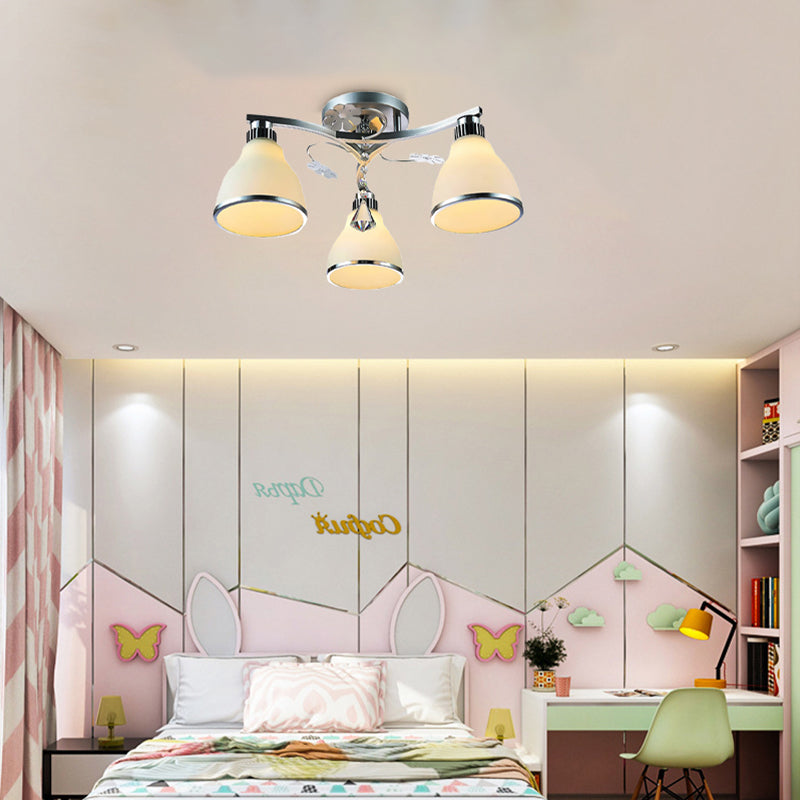 Crystal Cone Semi Flush Mount Lighting 3 Lights Semi Flush Light Fixture for Bedroom with Opal Glass Shade Clearhalo 'Ceiling Lights' 'Close To Ceiling Lights' 'Close to ceiling' 'Semi-flushmount' Lighting' 272167