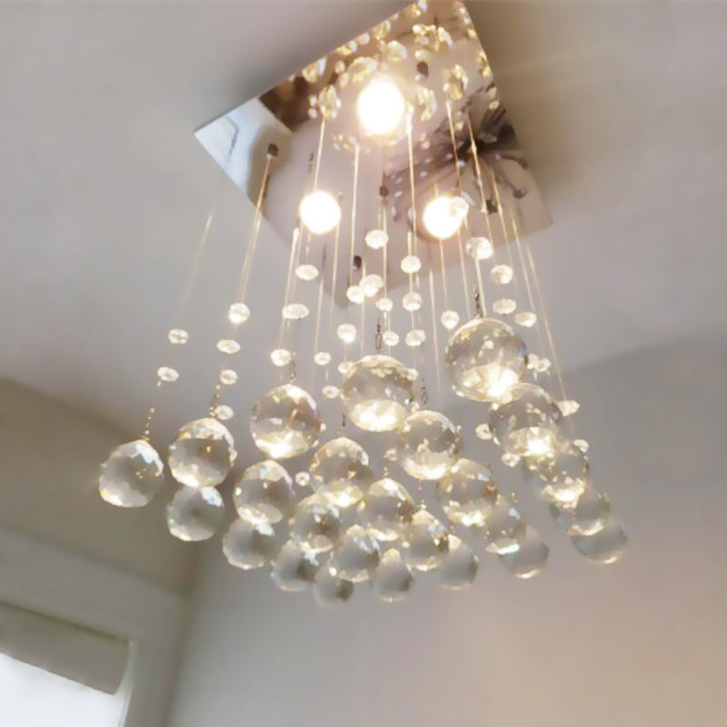 Minimalist Square Flush Light Fixture Crystal Ball 3 Lights Living Room Ceiling Flush Mount in Nickel Clearhalo 'Ceiling Lights' 'Close To Ceiling Lights' 'Close to ceiling' 'Flush mount' Lighting' 272202