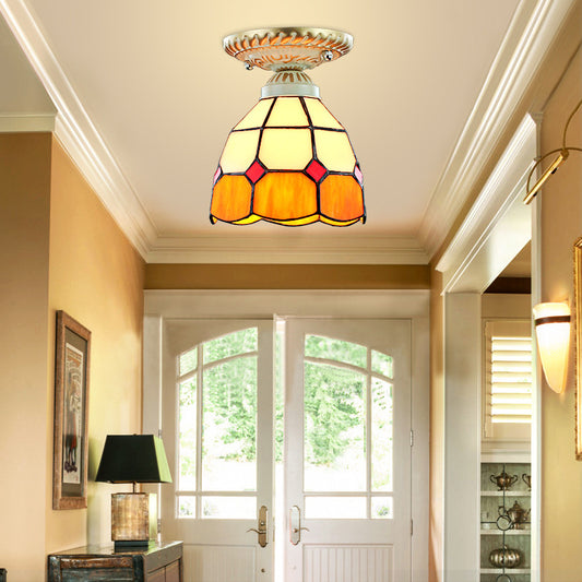 Dome Shape Ceiling Light Fixture Vintage Stained Glass 1 Light Ceiling Fixture in Orange/Blue for Hallway Orange Clearhalo 'Ceiling Lights' 'Close To Ceiling Lights' 'Close to ceiling' 'Glass shade' 'Glass' 'Semi-flushmount' 'Tiffany close to ceiling' 'Tiffany' Lighting' 27221