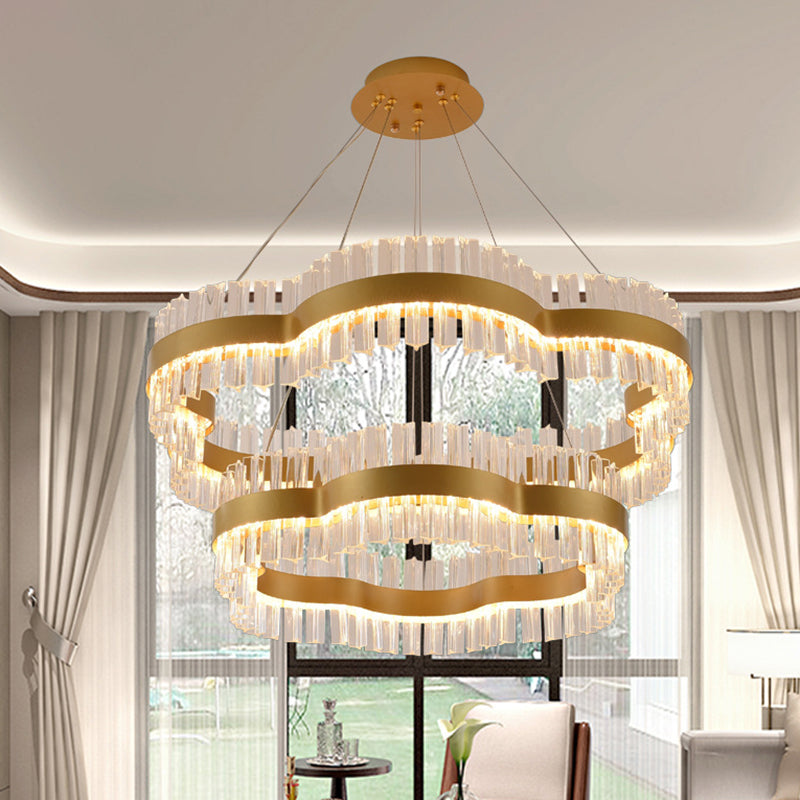 1/2 Tiers Flower Living Room Ceiling Chandelier Crystal 23.5"/31.5" Wide Led Minimalist Hanging Light Kit in Black/Gold Clearhalo 'Ceiling Lights' 'Modern Pendants' 'Modern' 'Pendant Lights' 'Pendants' Lighting' 272291