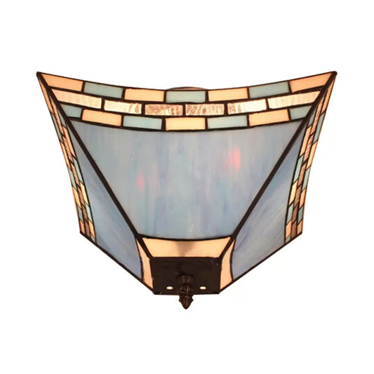 Stained Glass Ceiling Light in Blue, Flush Mount Light with Pyramid Shade for Living Room Tiffany Style Clearhalo 'Ceiling Lights' 'Close To Ceiling Lights' 'Close to ceiling' 'Flush mount' Lighting' 2722