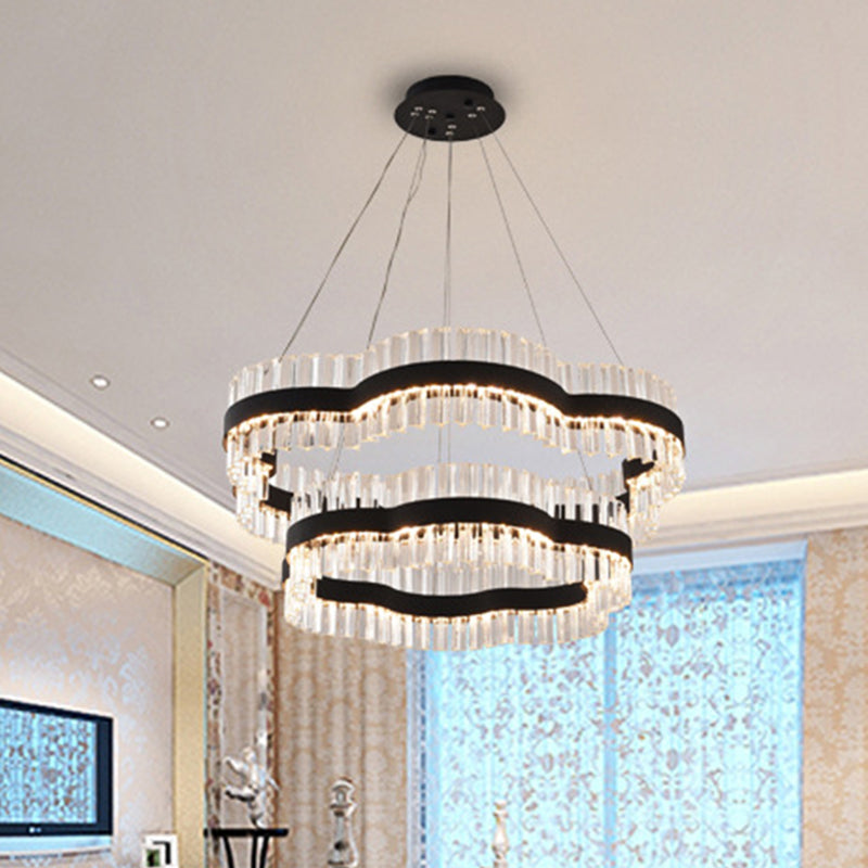 1/2 Tiers Flower Living Room Ceiling Chandelier Crystal 23.5"/31.5" Wide Led Minimalist Hanging Light Kit in Black/Gold Clearhalo 'Ceiling Lights' 'Modern Pendants' 'Modern' 'Pendant Lights' 'Pendants' Lighting' 272303