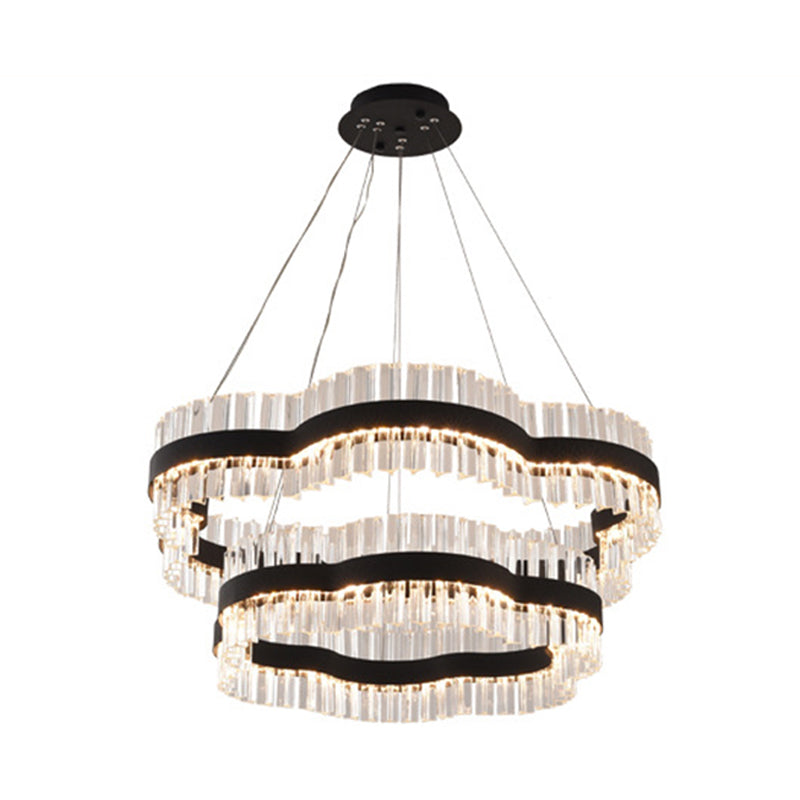 1/2 Tiers Flower Living Room Ceiling Chandelier Crystal 23.5"/31.5" Wide Led Minimalist Hanging Light Kit in Black/Gold Clearhalo 'Ceiling Lights' 'Modern Pendants' 'Modern' 'Pendant Lights' 'Pendants' Lighting' 272305