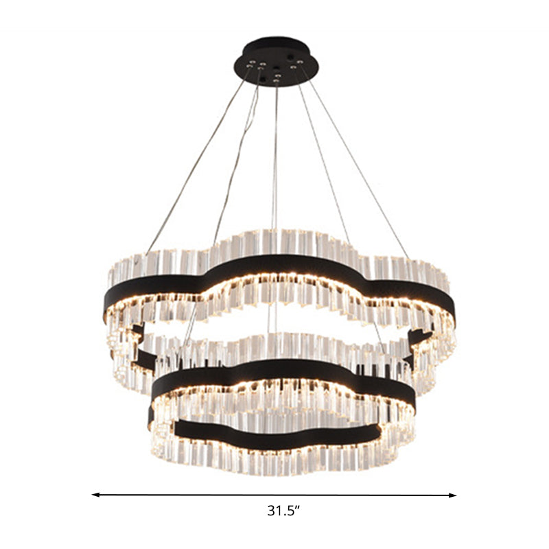 1/2 Tiers Flower Living Room Ceiling Chandelier Crystal 23.5"/31.5" Wide Led Minimalist Hanging Light Kit in Black/Gold Clearhalo 'Ceiling Lights' 'Modern Pendants' 'Modern' 'Pendant Lights' 'Pendants' Lighting' 272306