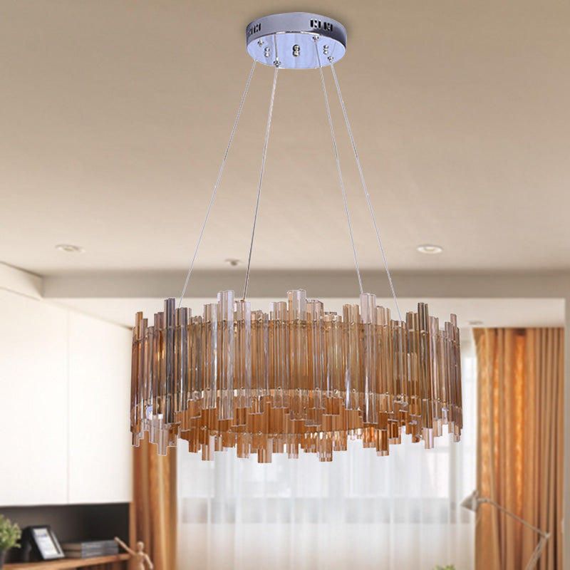 Minimalist Drum Crystal Chandelier LED Pendant Light Kit in Amber for Living Room Clearhalo 'Ceiling Lights' 'Chandeliers' 'Modern Chandeliers' 'Modern' Lighting' 272476