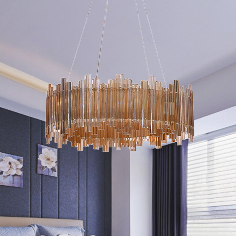 Minimalist Drum Crystal Chandelier LED Pendant Light Kit in Amber for Living Room Clearhalo 'Ceiling Lights' 'Chandeliers' 'Modern Chandeliers' 'Modern' Lighting' 272477