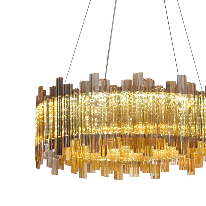 Minimalist Drum Crystal Chandelier LED Pendant Light Kit in Amber for Living Room Clearhalo 'Ceiling Lights' 'Chandeliers' 'Modern Chandeliers' 'Modern' Lighting' 272481