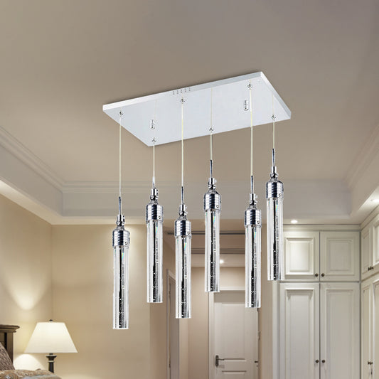 Tube Bedroom Cluster Pendant Crystal 6 Lights Contemporary Hanging Ceiling Light in Chrome, Warm/White Light Chrome Clearhalo 'Ceiling Lights' 'Modern Pendants' 'Modern' 'Pendant Lights' 'Pendants' Lighting' 272482