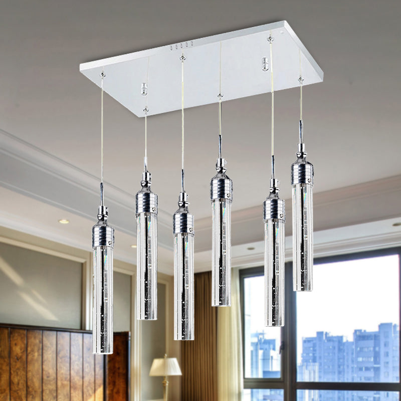 Tube Bedroom Cluster Pendant Crystal 6 Lights Contemporary Hanging Ceiling Light in Chrome, Warm/White Light Clearhalo 'Ceiling Lights' 'Modern Pendants' 'Modern' 'Pendant Lights' 'Pendants' Lighting' 272483