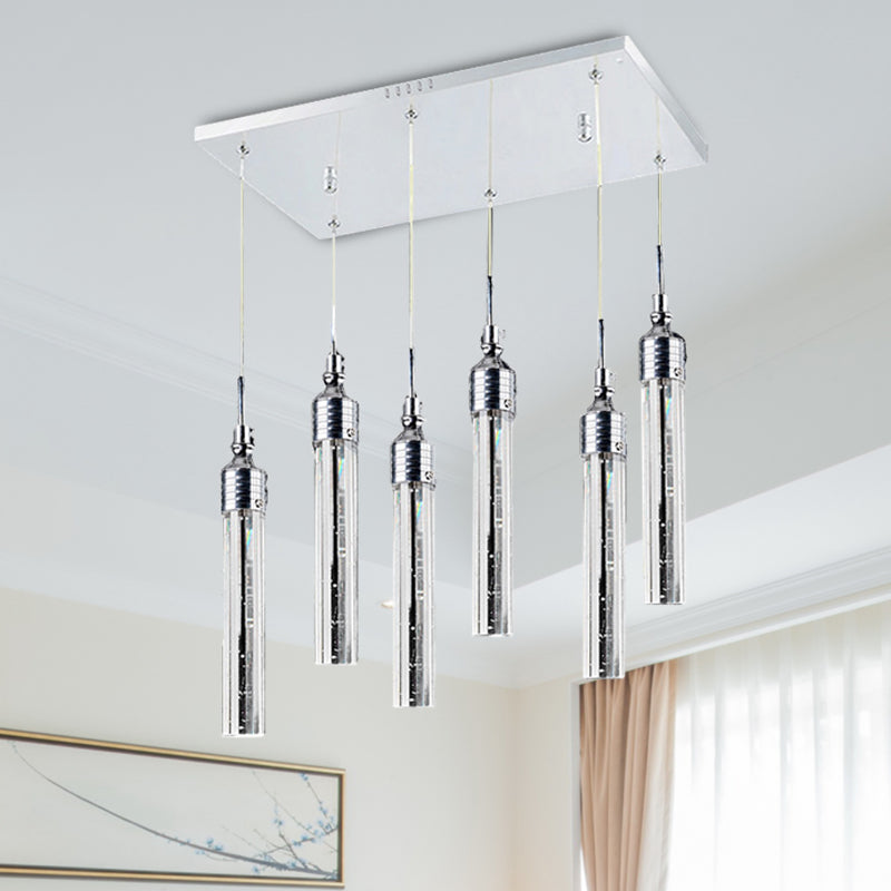 Tube Bedroom Cluster Pendant Crystal 6 Lights Contemporary Hanging Ceiling Light in Chrome, Warm/White Light Clearhalo 'Ceiling Lights' 'Modern Pendants' 'Modern' 'Pendant Lights' 'Pendants' Lighting' 272484