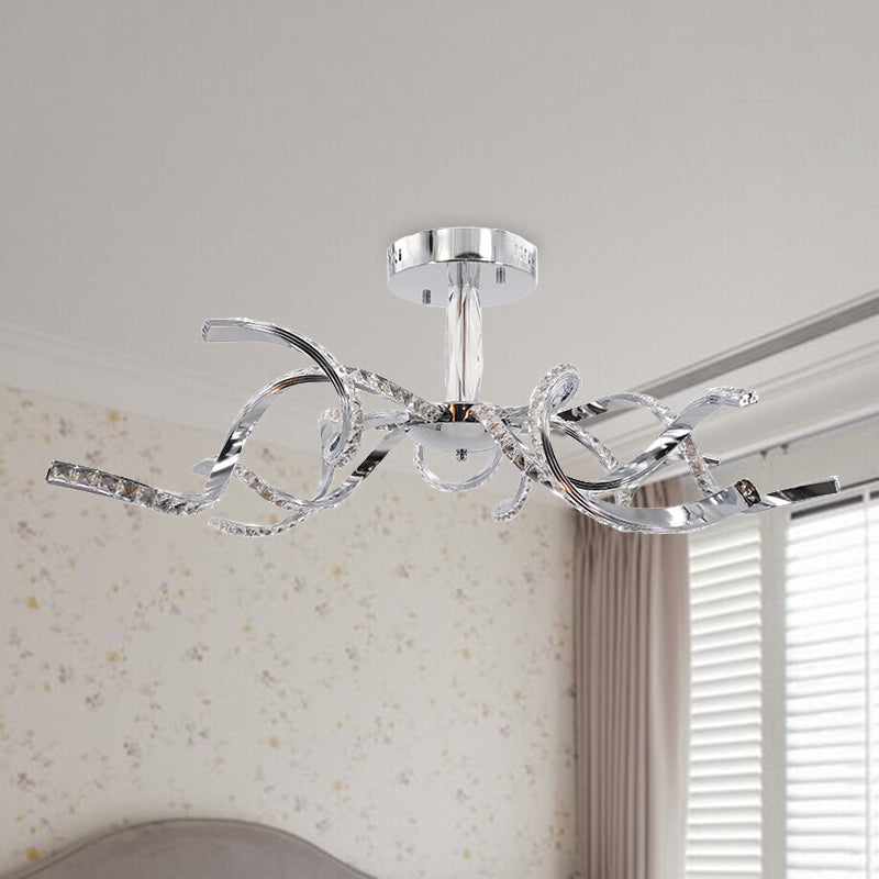 Twist Crystal Semi Flush Lighting Minimalist 10 Lights Chrome Ceiling Light Fixture in White/Natural Light Chrome Clearhalo 'Ceiling Lights' 'Close To Ceiling Lights' 'Close to ceiling' 'Semi-flushmount' Lighting' 272489